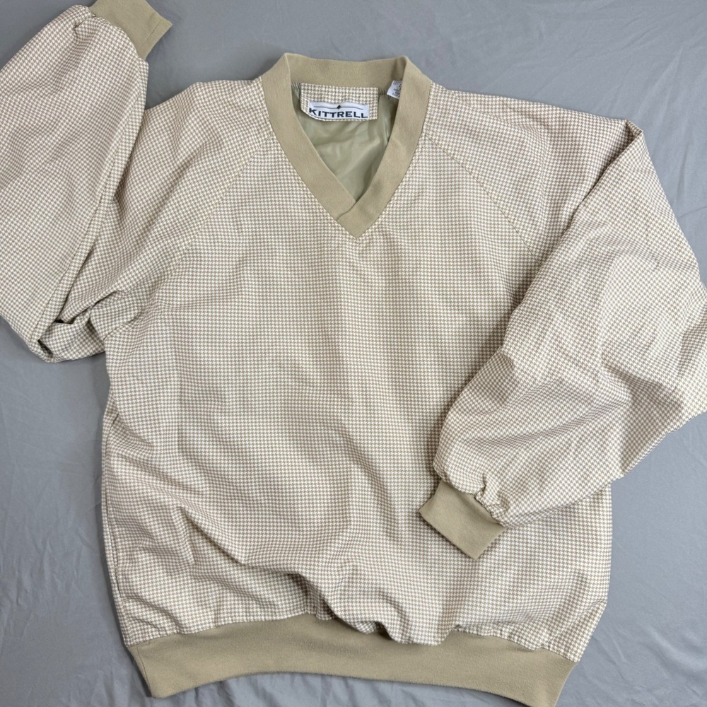 Kittrell Mens V-Neck Houndstooth‎ Windbreaker Pullover Tan White Large Vintage